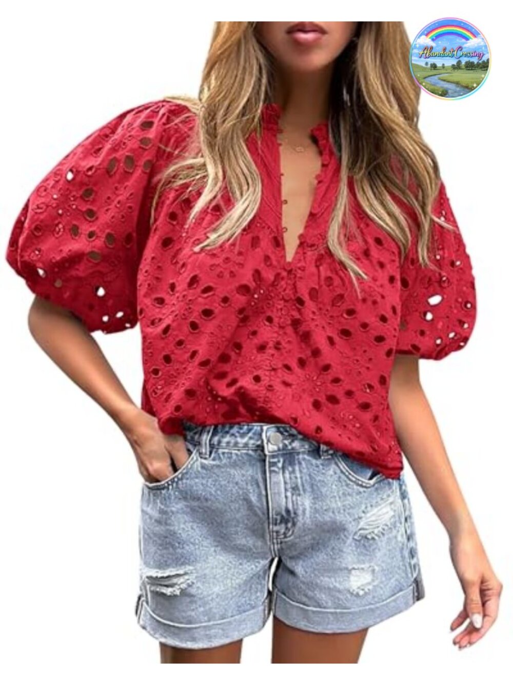 Boho Eyelet Puff Sleeve Blouse Button Up V Neck Womens Top